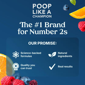 Poop Like a Champion Fiber Gummies with a glass of water