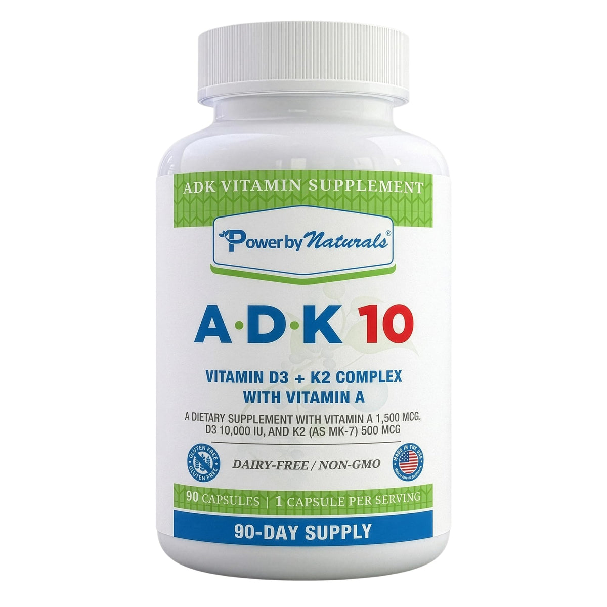 Power By Naturals ADK 10 Vitamin Supplement 90 Capsules front view