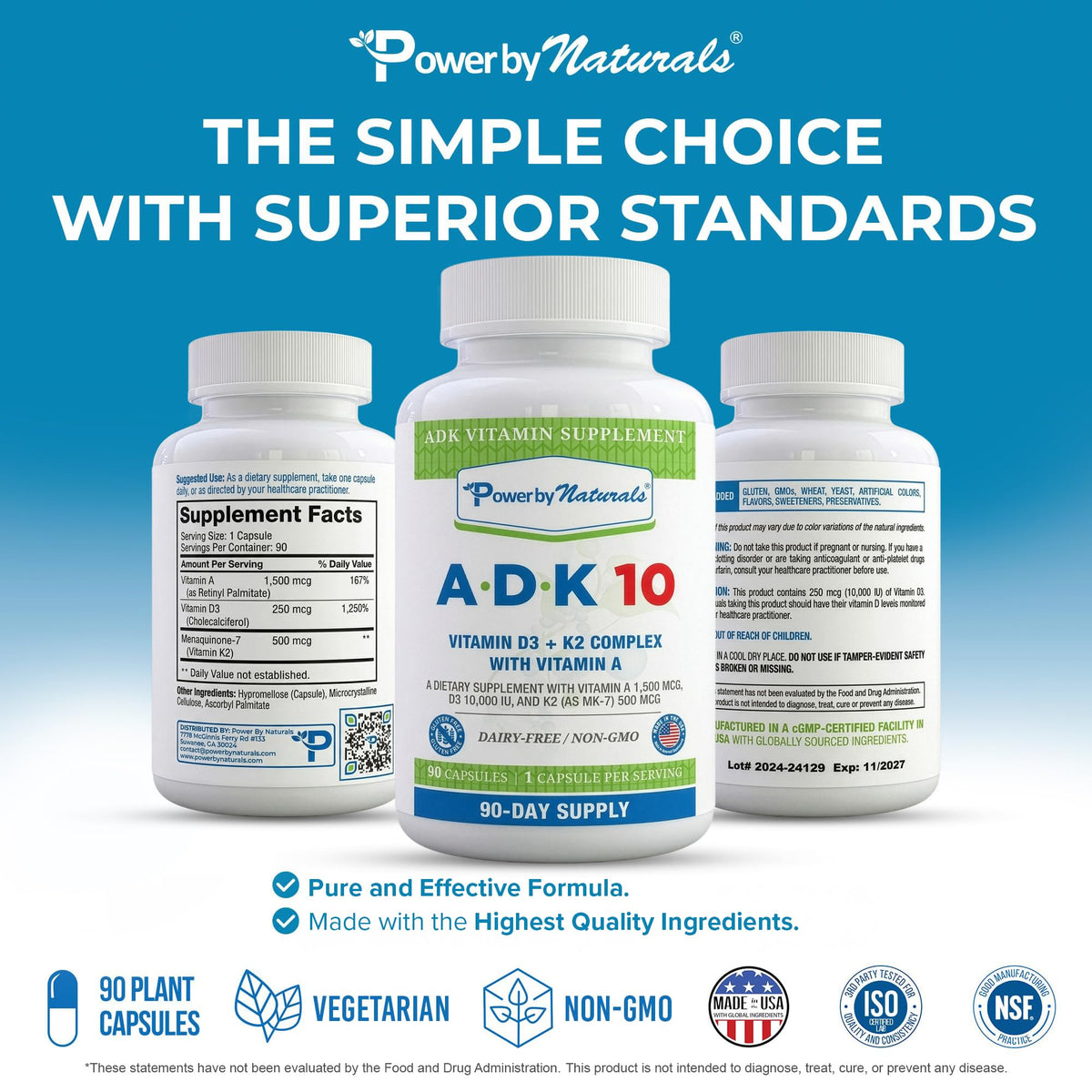 Power By Naturals ADK 10 Vitamin Supplement bottle with natural background