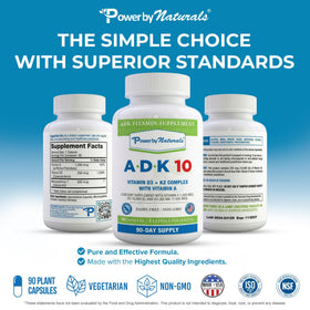 Power By Naturals ADK 10 Vitamin Supplement bottle with natural background