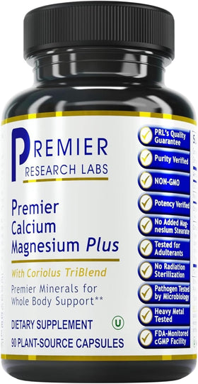 Premier Research Labs Calcium Magnesium Plus 90 vegetarian capsules front view