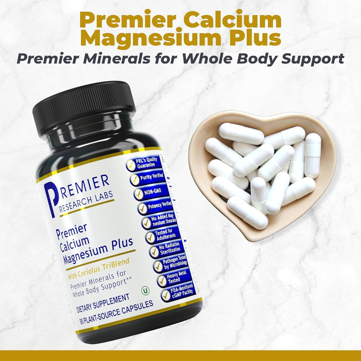 Premier Research Labs Calcium Magnesium Plus side view showing capsule details