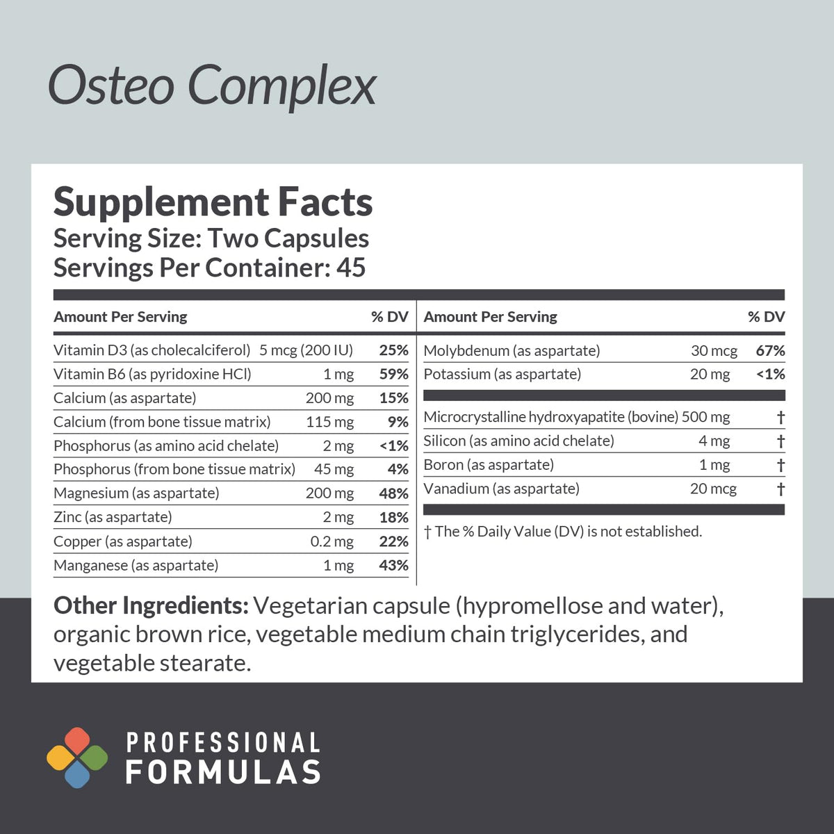 PROFESSIONAL COMPLEMENTARY HEALTH FORMULAS Osteo Complex 90 Capsules side view with label