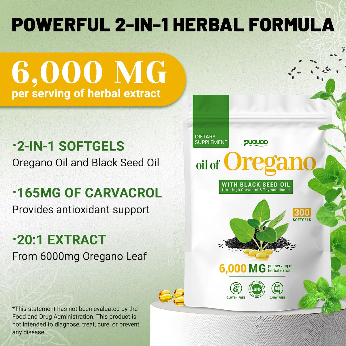 Puouoo 2 in 1 Oil of Oregano Capsules side view with label
