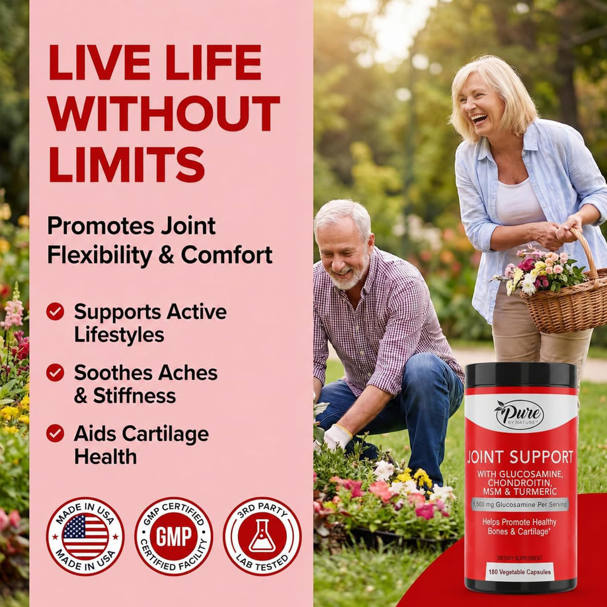 Pure By Nature Joint Support Supplement 180 Veggie Capsules side view