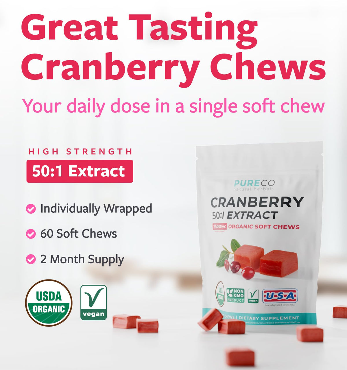 PURE CO Organic Cranberry Chews 500mg back view