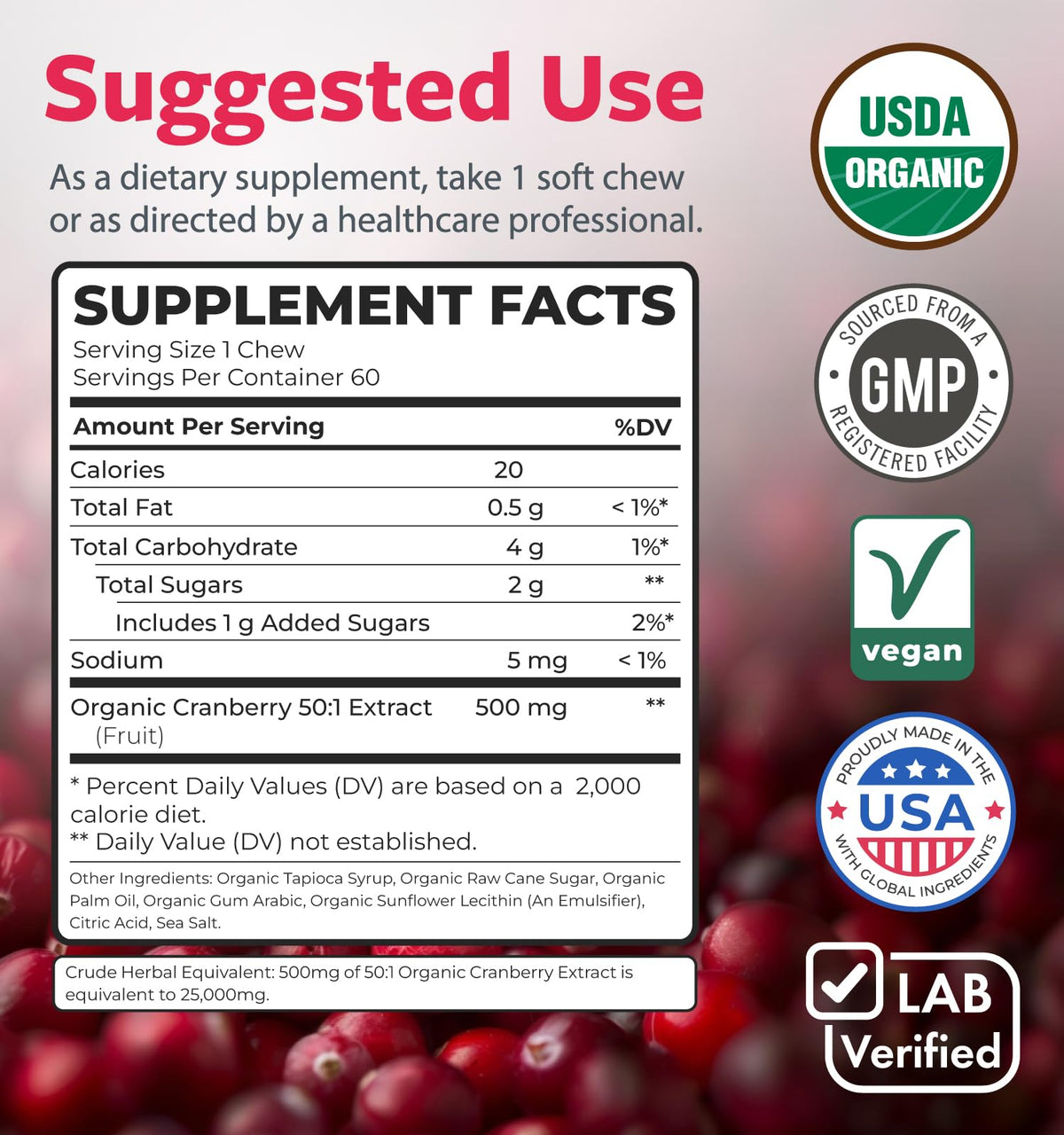 PURE CO Organic Cranberry Chews 500mg nutritional information