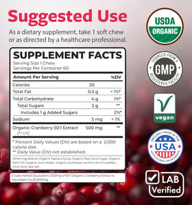PURE CO Organic Cranberry Chews 500mg nutritional information