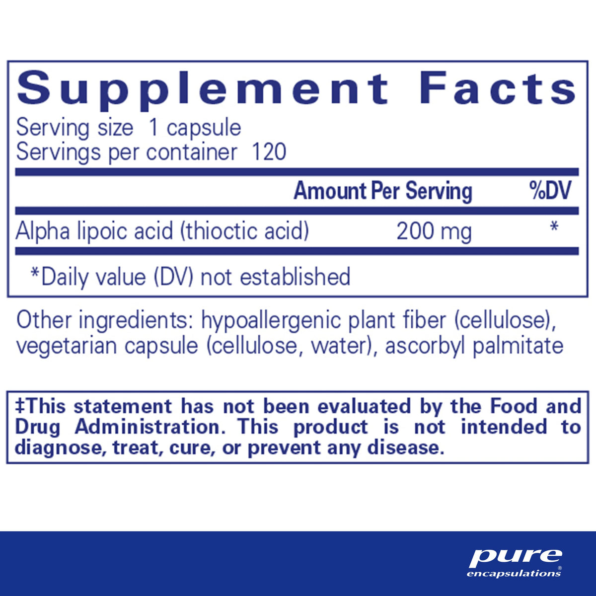 Pure Encapsulations Alpha Lipoic Acid 200 mg capsules side view