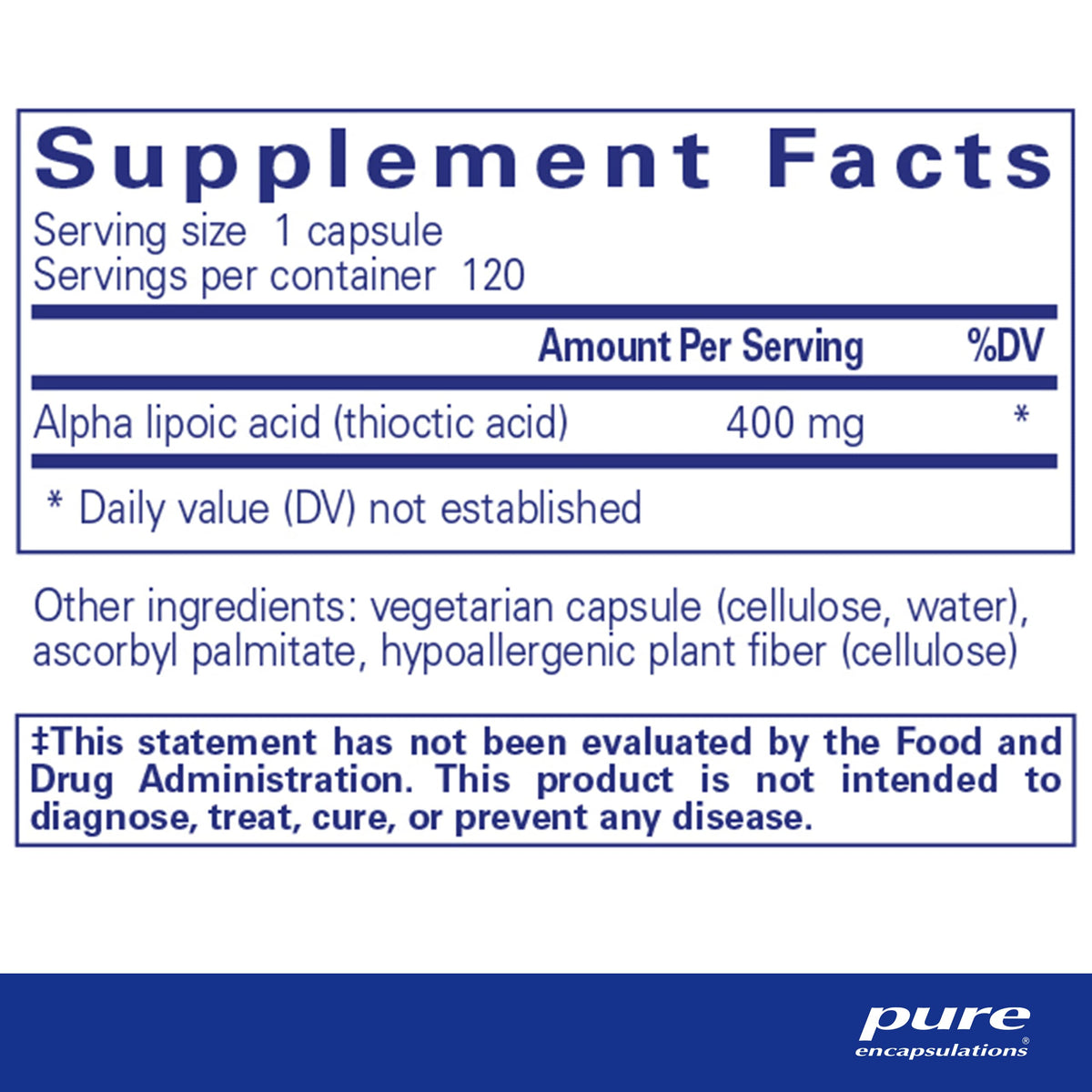 Pure Encapsulations Alpha Lipoic Acid 400 mg bottle with 120 capsules
