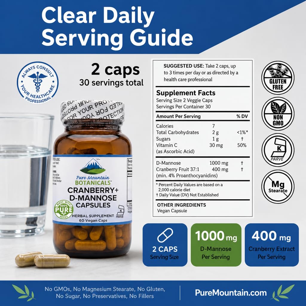 Pure Mountain Botanicals D Mannose capsules bottle side view