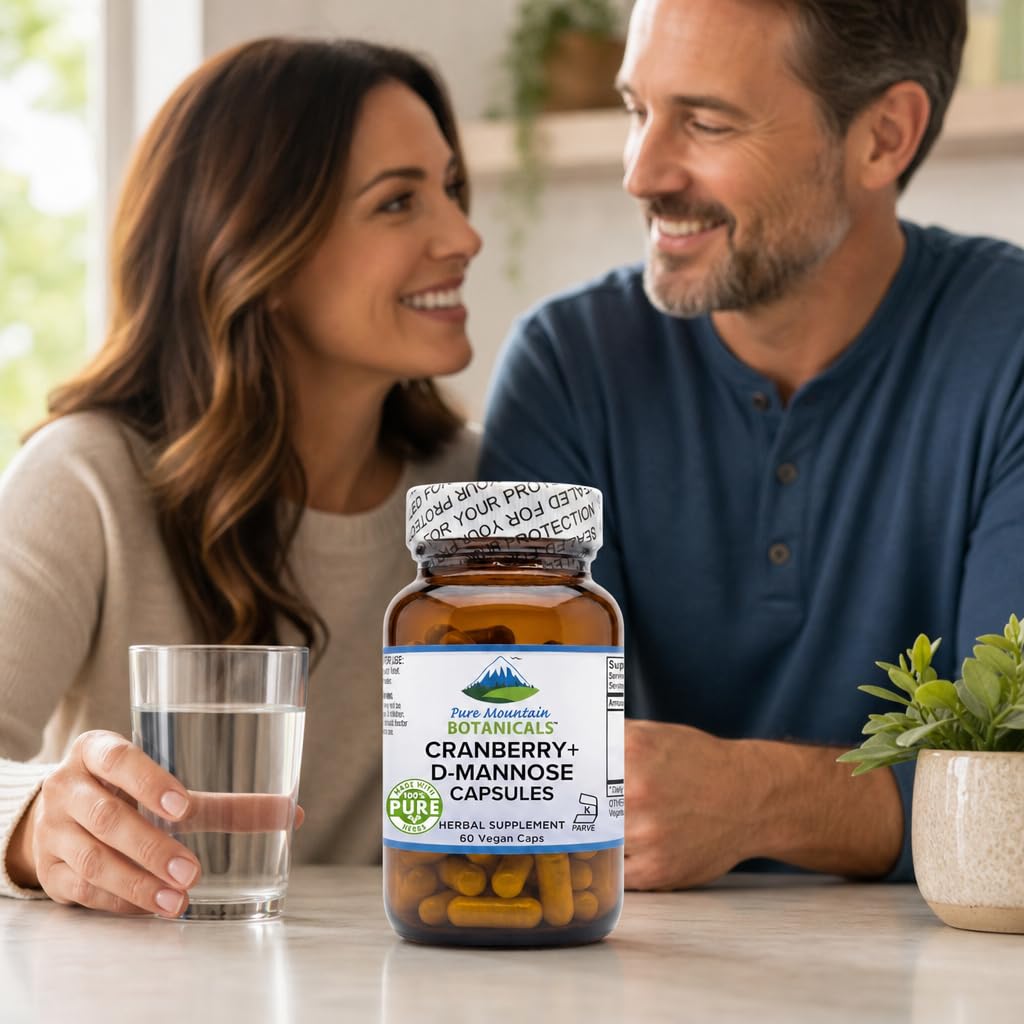 Pure Mountain Botanicals D Mannose capsules on a wooden table
