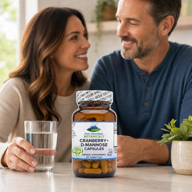 Pure Mountain Botanicals D Mannose capsules on a wooden table