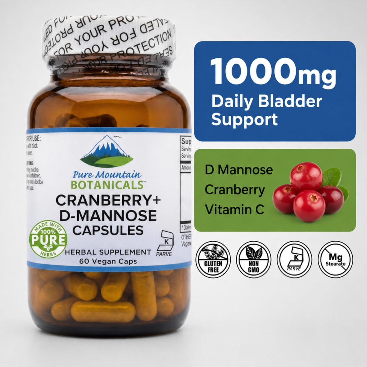 Pure Mountain Botanicals D Mannose capsules with cranberry extract