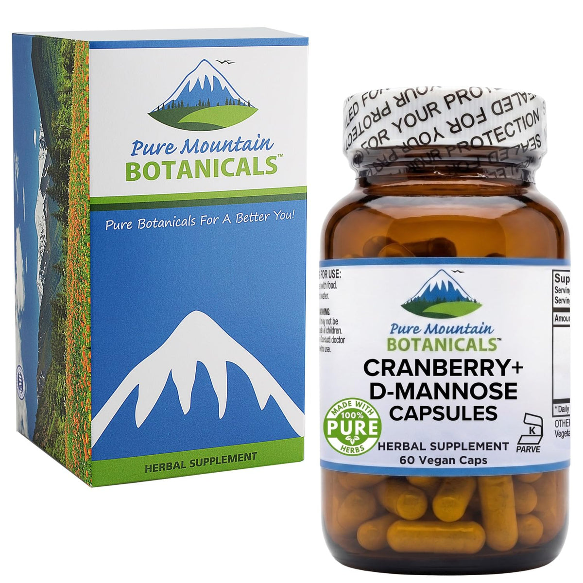 Pure Mountain Botanicals D Mannose capsules with water glass