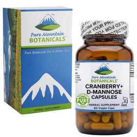 Pure Mountain Botanicals D Mannose capsules with water glass