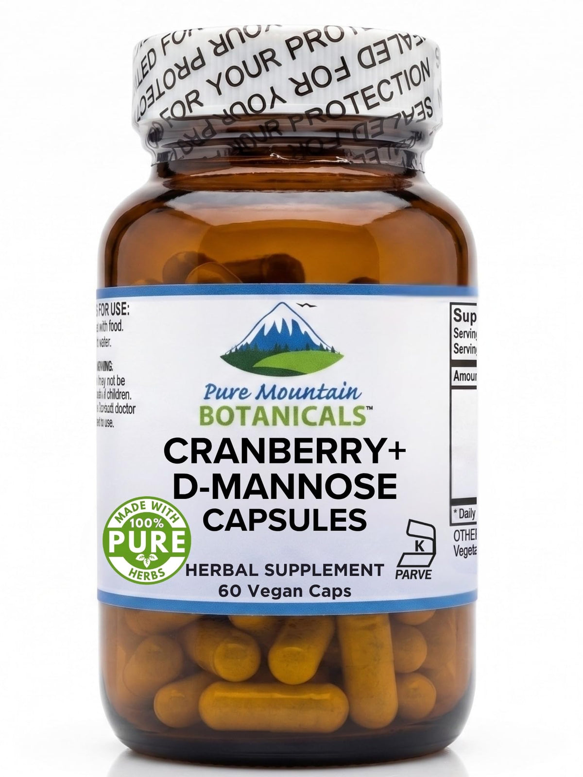 Pure Mountain Botanicals D Mannose with Cranberry Capsules front view