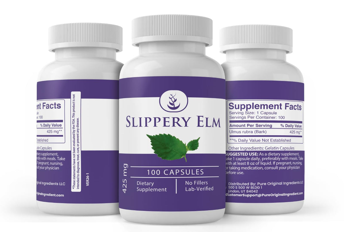 PURE ORIGINAL INGREDIENTS Slippery Elm Capsules close-up of capsules