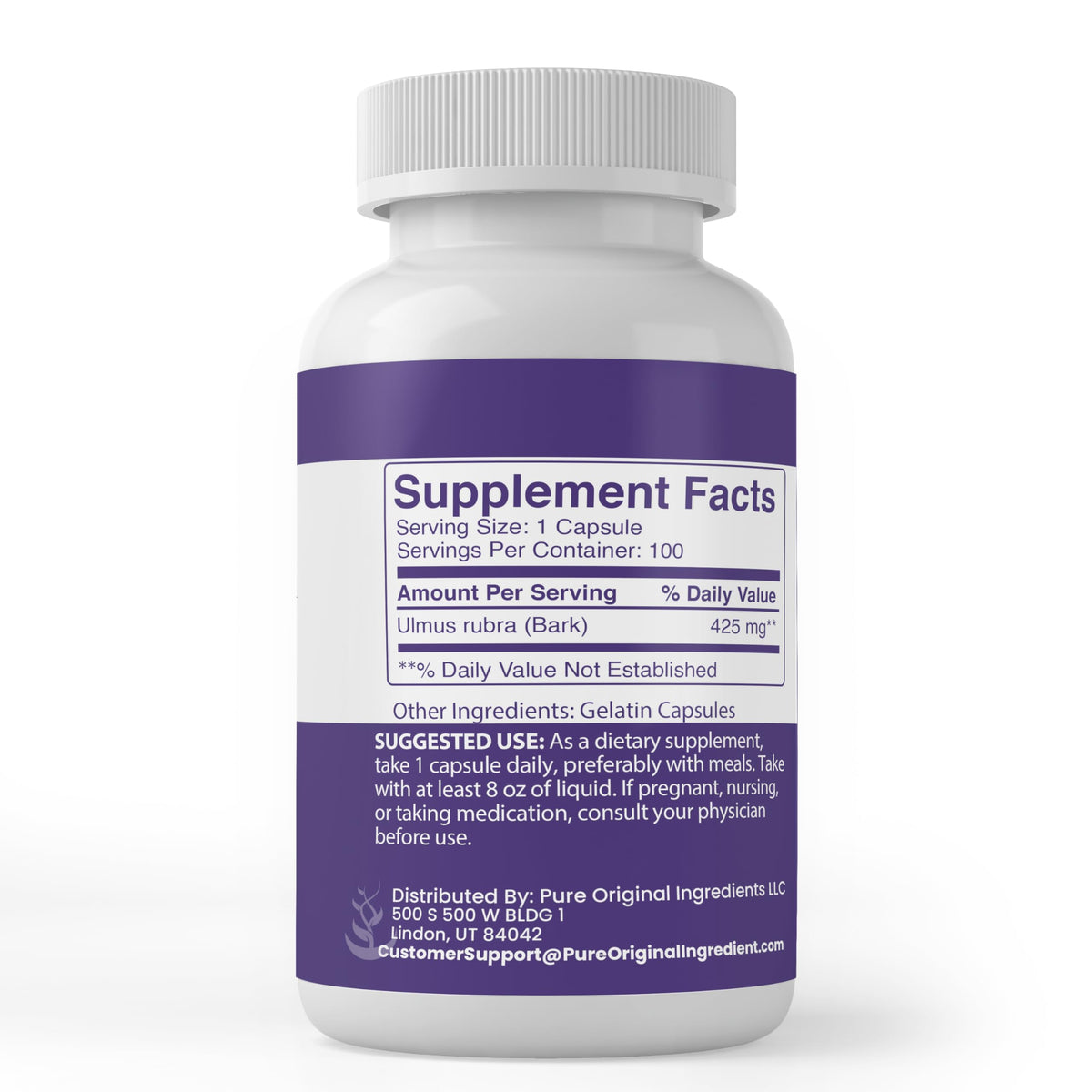 PURE ORIGINAL INGREDIENTS Slippery Elm Capsules side view
