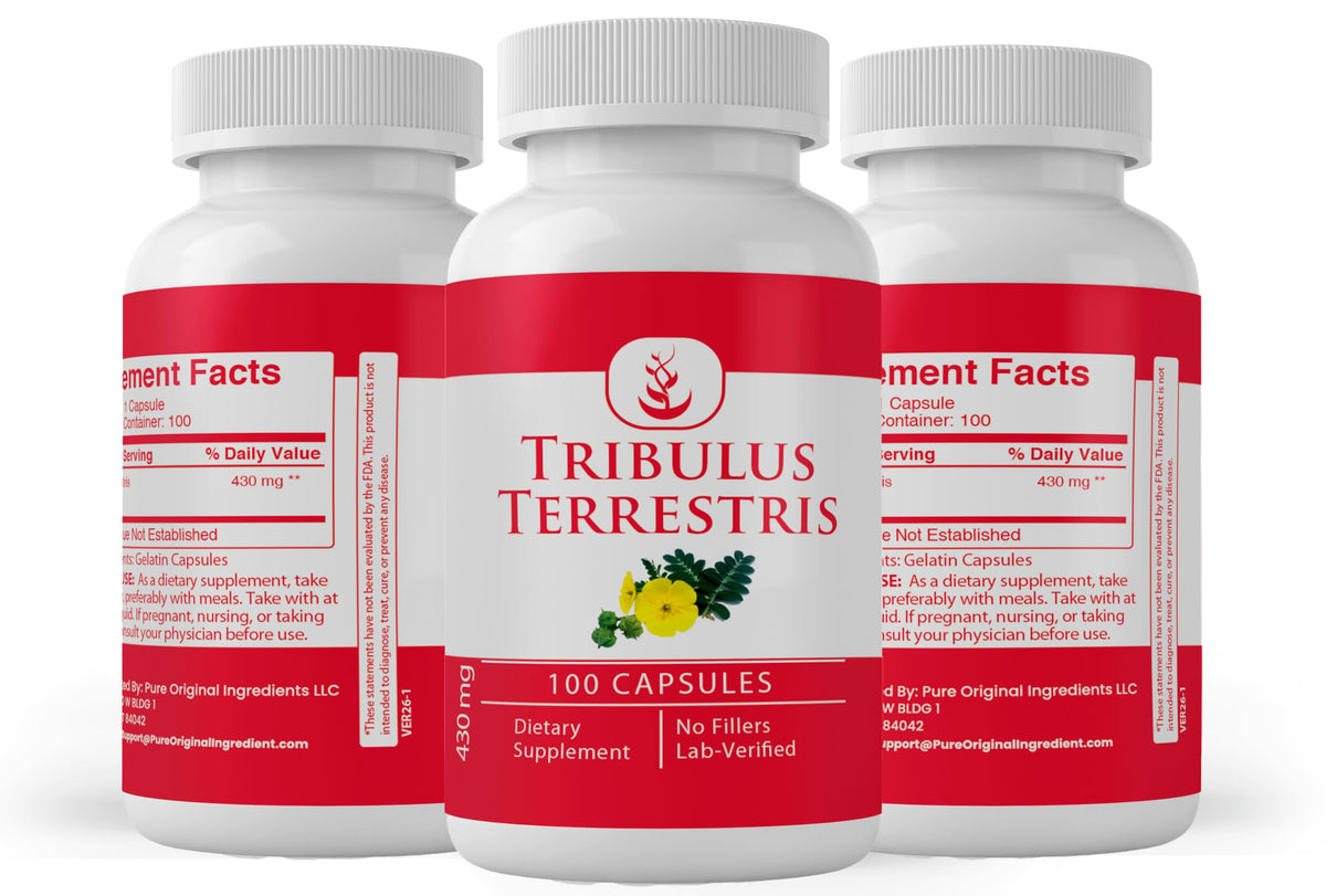 PURE ORIGINAL INGREDIENTS Tribulus Terrestris capsules on a wooden surface