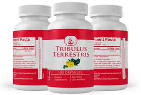 PURE ORIGINAL INGREDIENTS Tribulus Terrestris capsules on a wooden surface