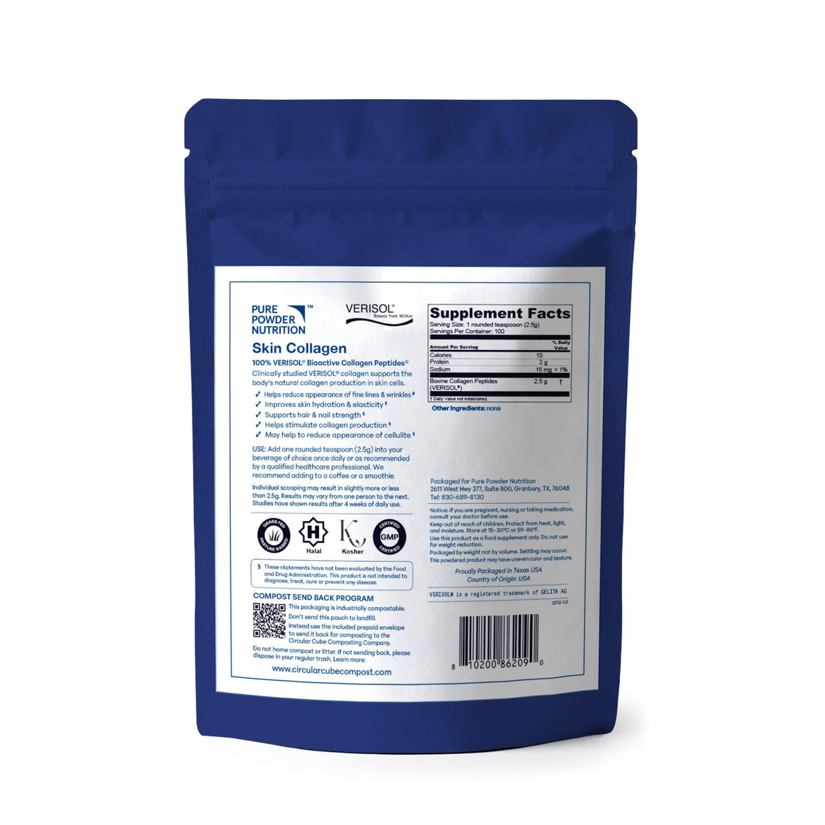 Pure Powder Nutrition Skin Collagen Powder packaging side view