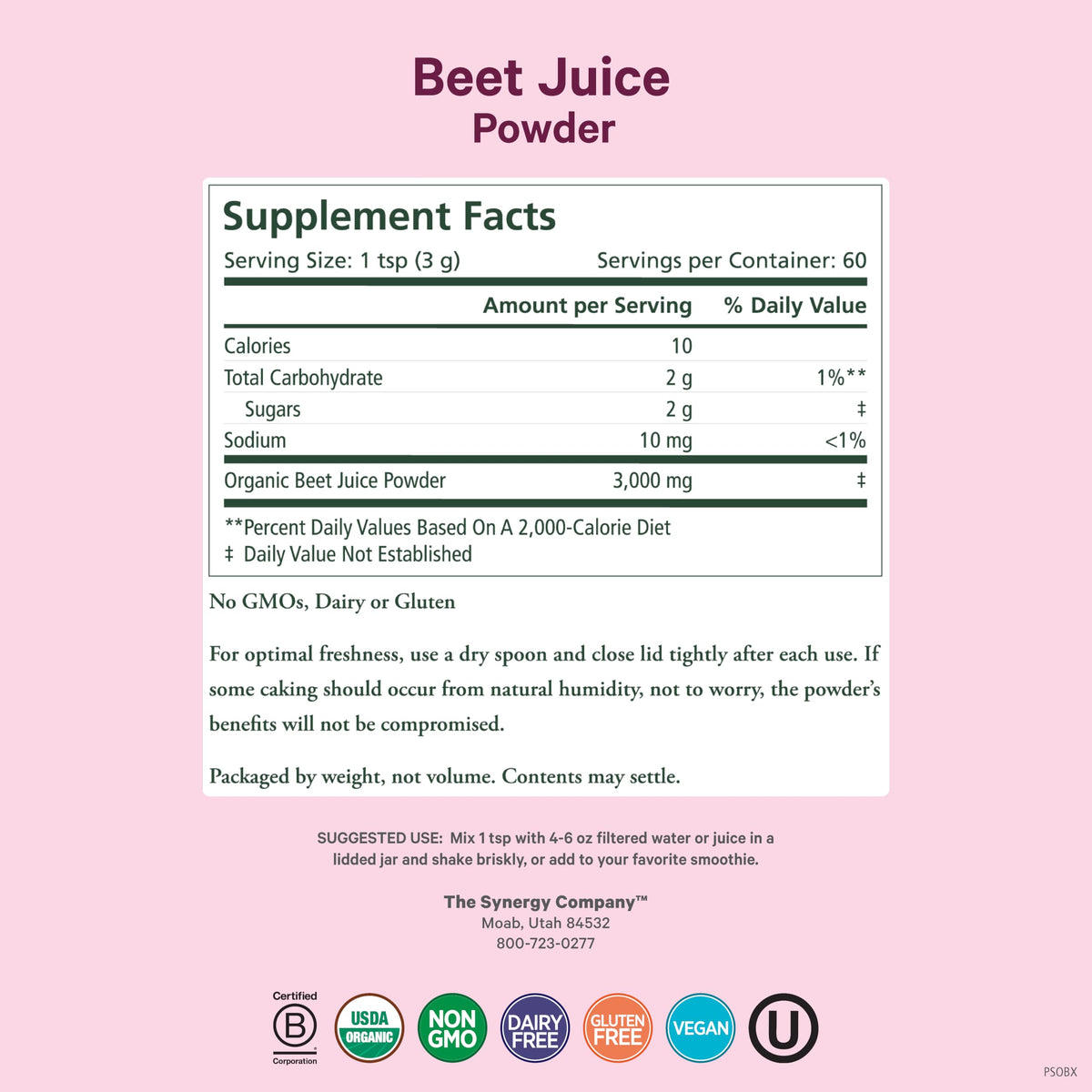 PURE SYNERGY Organic Beet Juice Powder 6.4 oz packaging