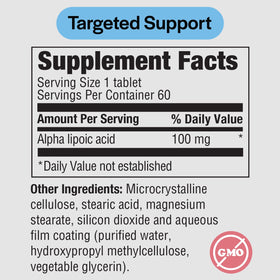 PureFormulas Alpha Lipoic Acid 100 mg supplement side view with dosage details