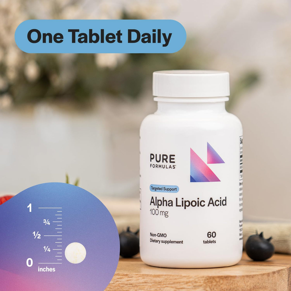 PureFormulas Alpha Lipoic Acid 100 mg tablets on a wooden surface