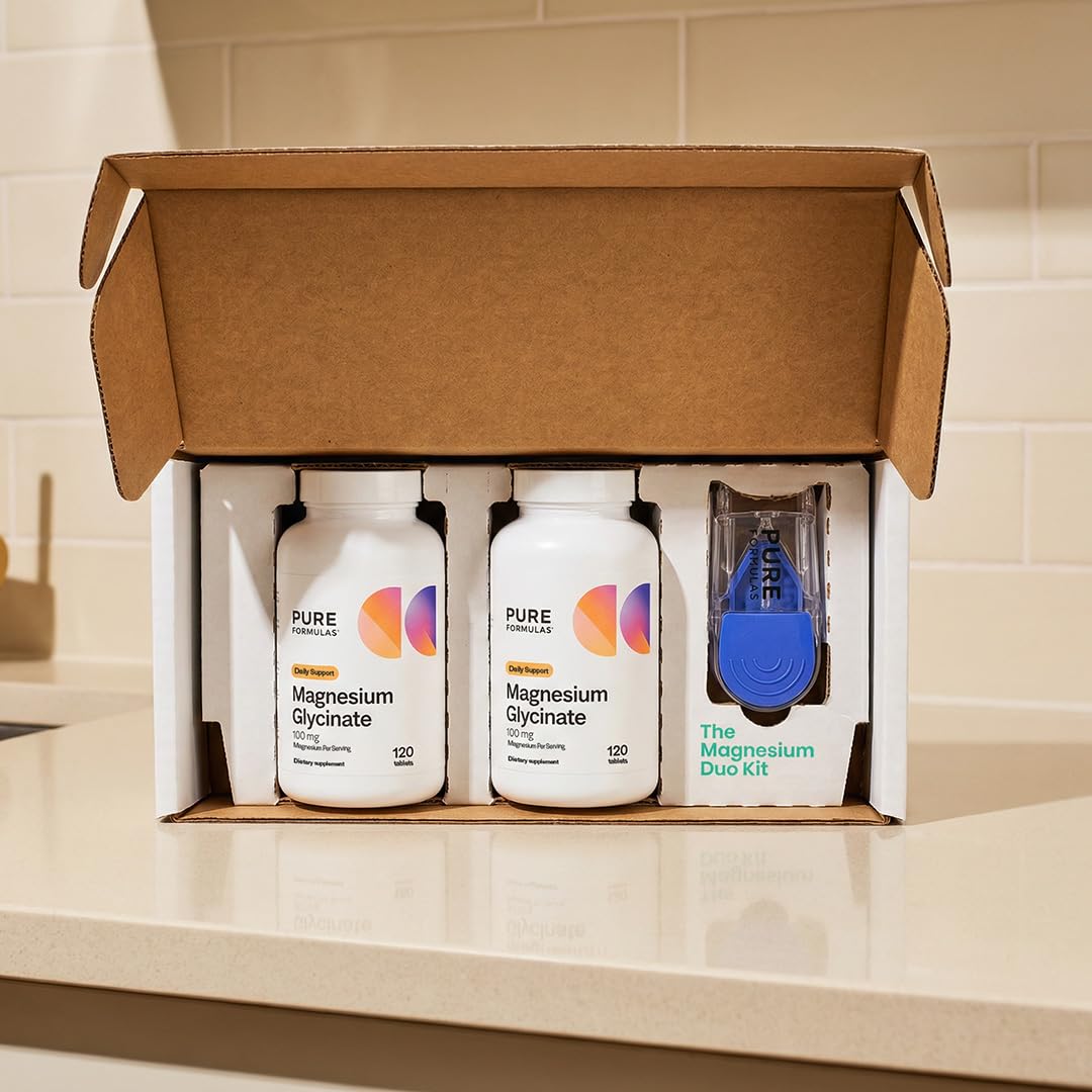 PureFormulas Magnesium Glycinate tablets on a wooden surface