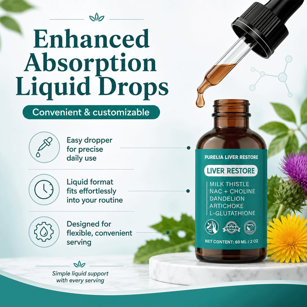 Purelia Liver Restore Drops bottle with measuring dropper