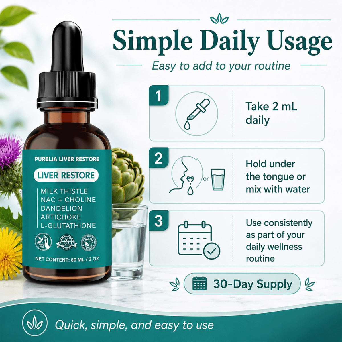 Purelia Liver Restore Drops lifestyle scene with water glass