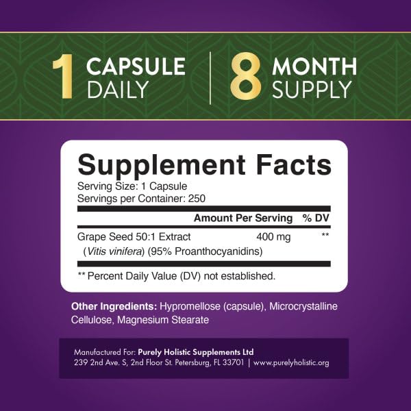 Purely Holistic Grape Seed Extract Capsules displayed on a wooden table