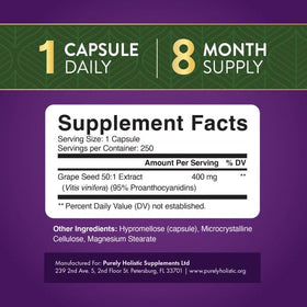 Purely Holistic Grape Seed Extract Capsules displayed on a wooden table
