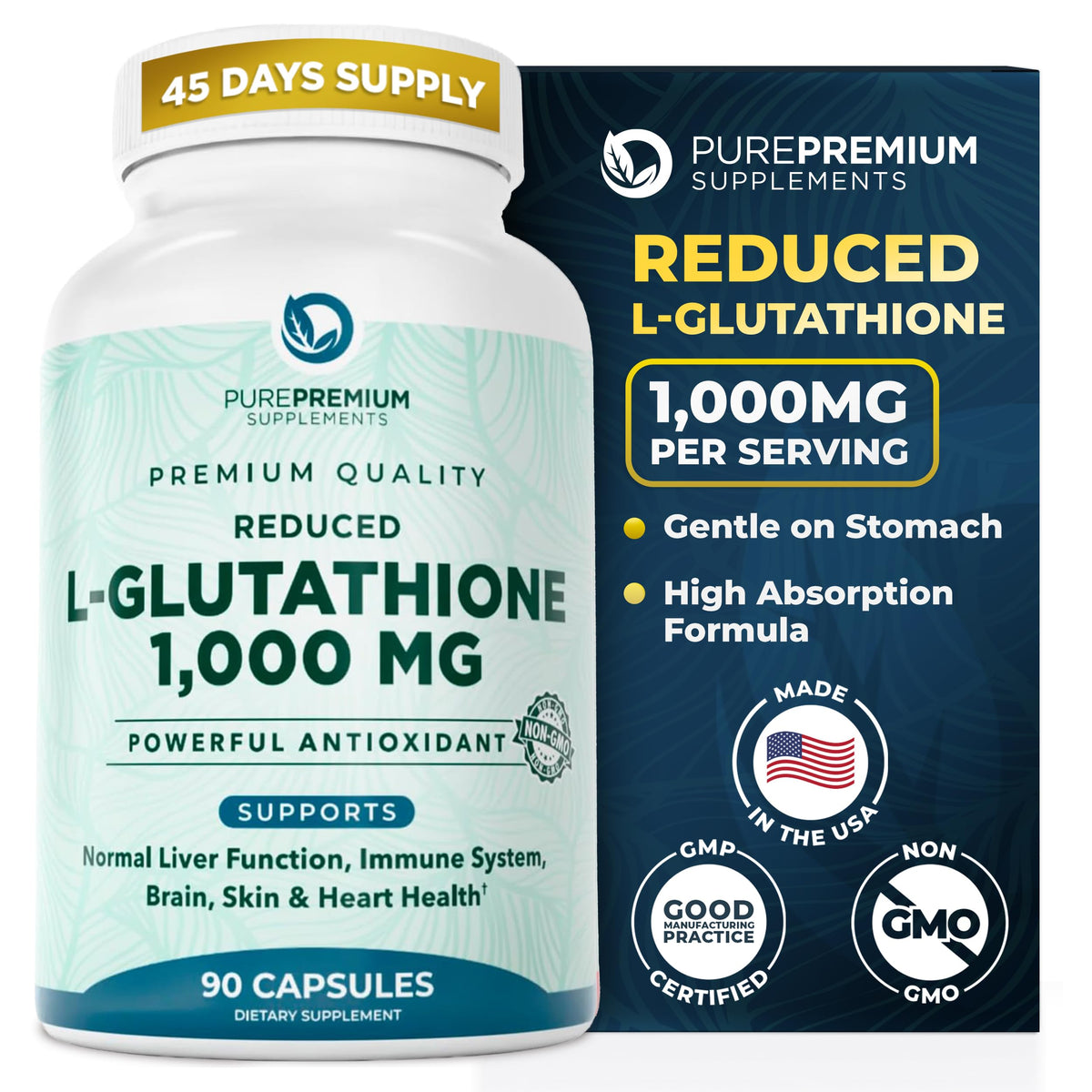 PurePremium Reduced Glutathione 1000mg supplement bottle front view