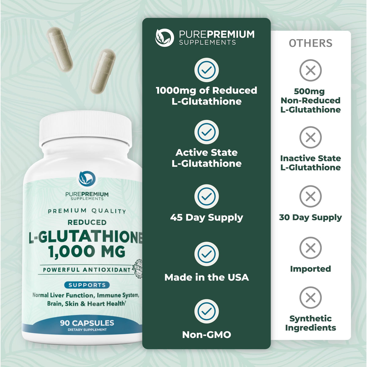PurePremium Reduced Glutathione 1000mg supplement with measuring spoon