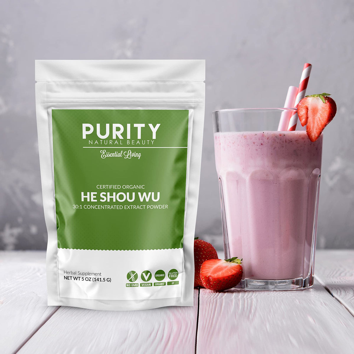 Purity Natural Beauty He Shou Wu 5oz bag with a measuring scoop