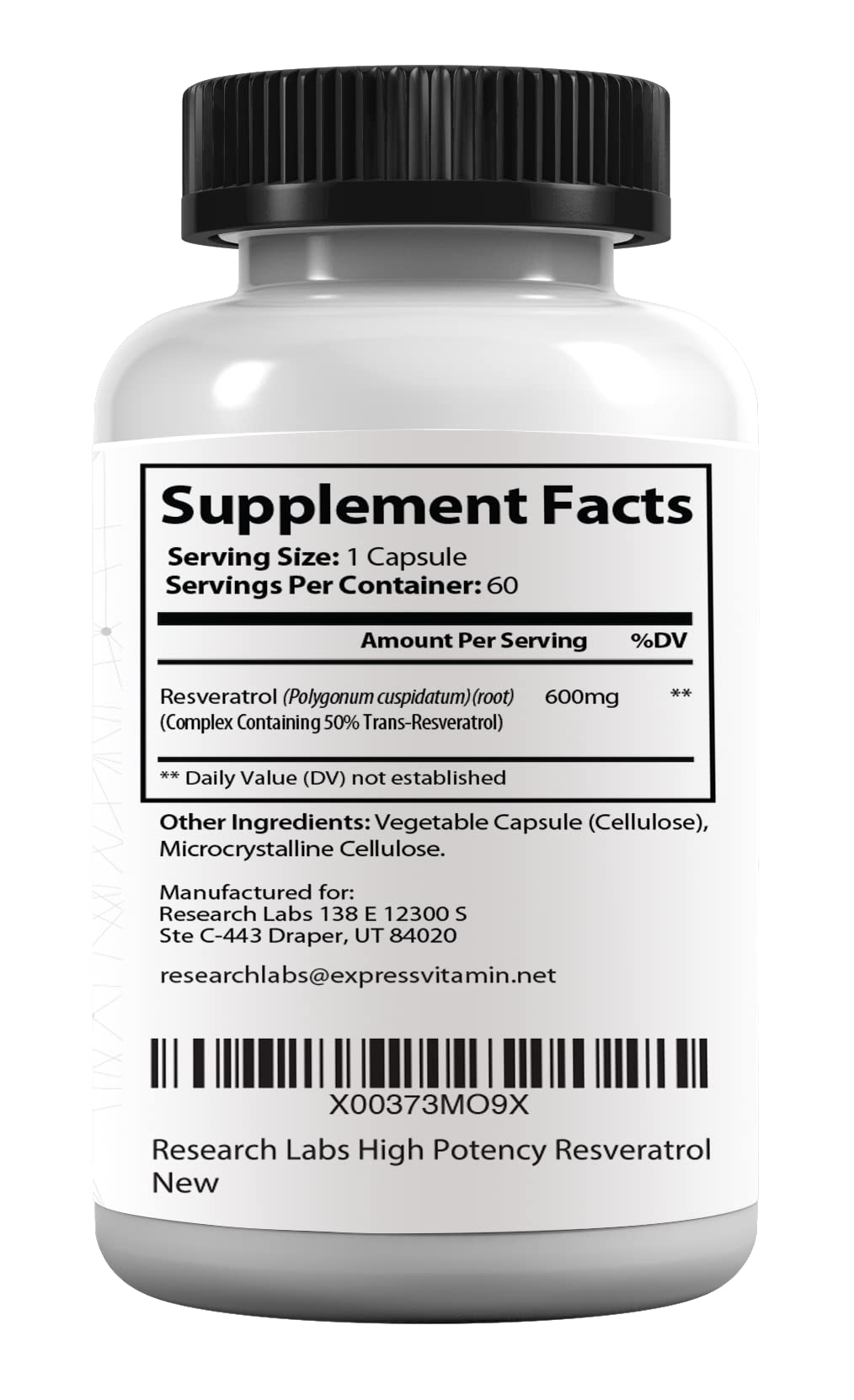 Research Labs Resveratrol Supplement 1200mg bottle back view