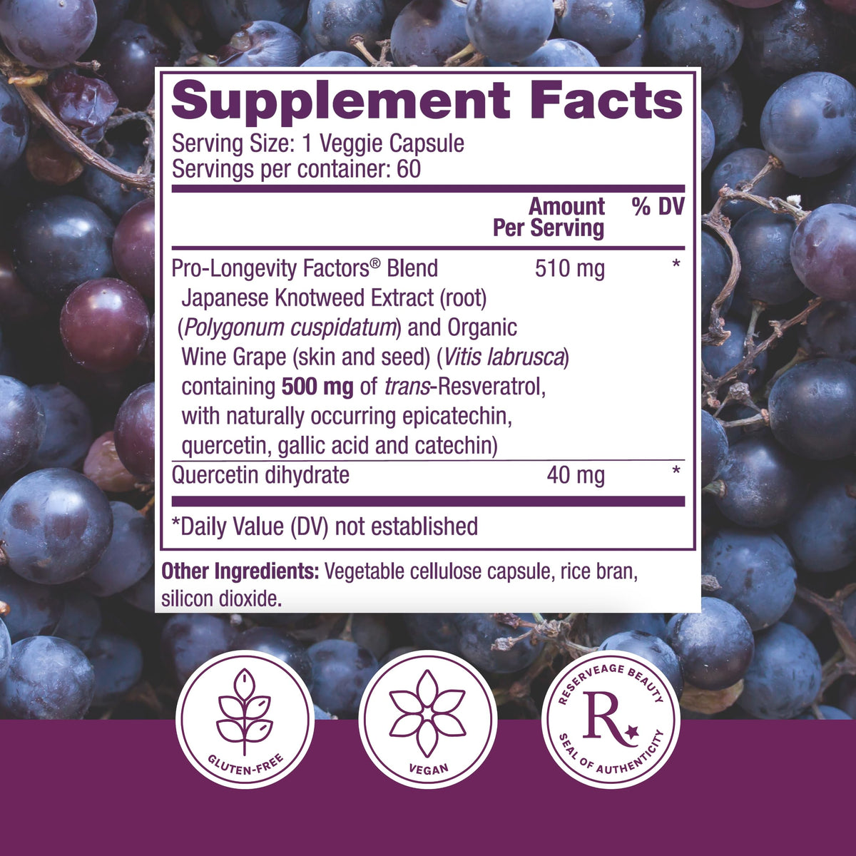 Reserveage Nutrition Resveratrol 500 mg supplement capsules close-up