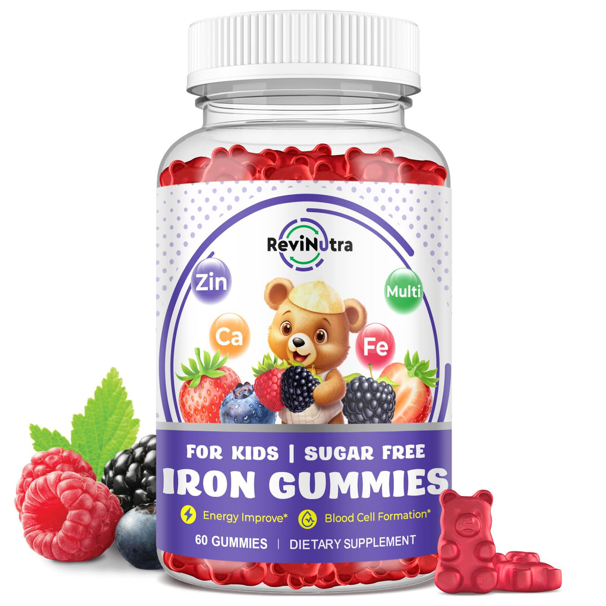 ReviNutra Iron Supplement Gummies for Kids front view, mixed berry flavour