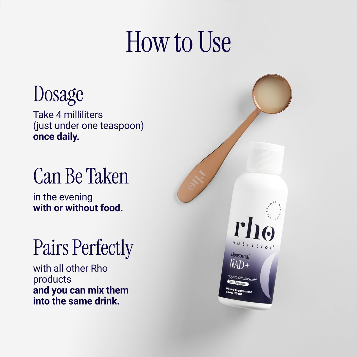Rho Nutrition Liposomal NAD+ Liquid Supplement with measuring cap