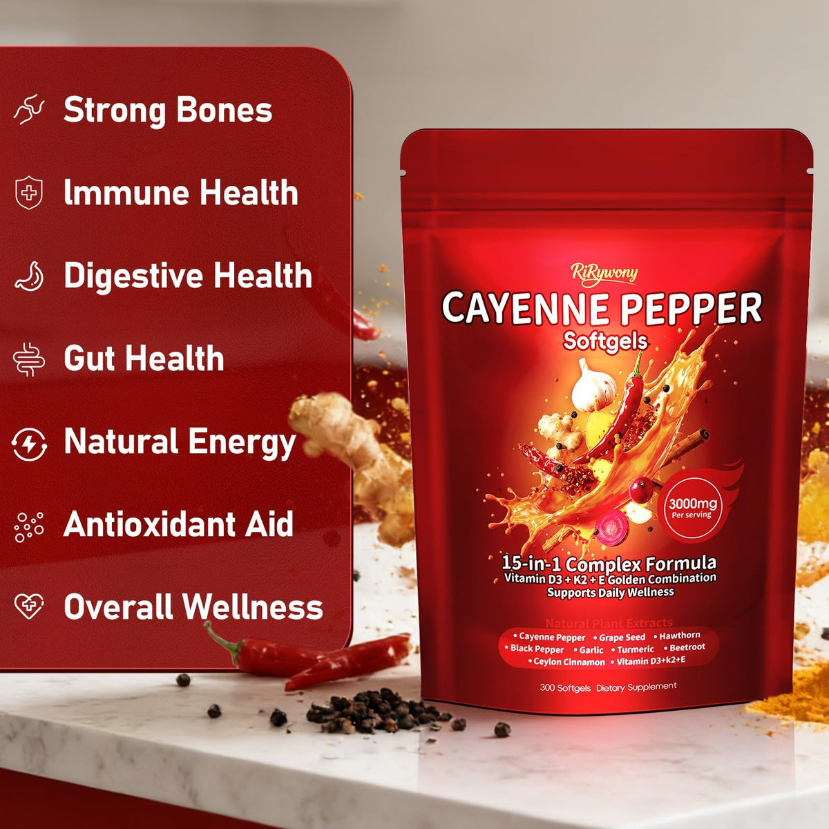 RiRywony Cayenne Pepper Capsules 300 Softgels bottle with label