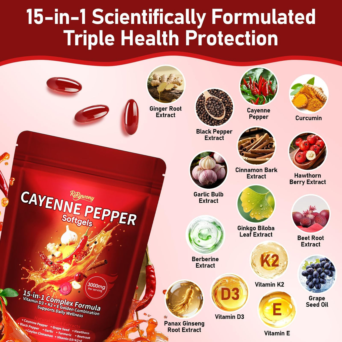 RiRywony Cayenne Pepper Capsules 300 Softgels side view
