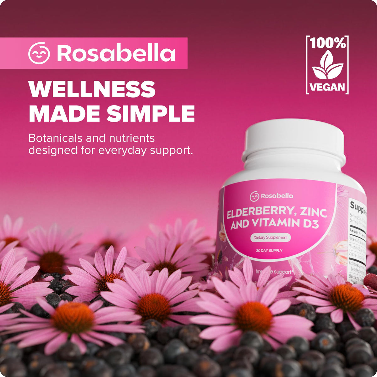 Rosabella Elderberry, Zinc & Vitamin D3 Capsules close-up