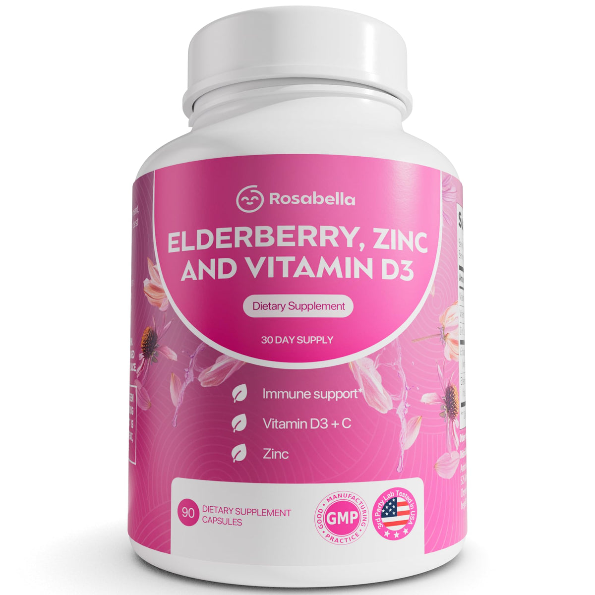 Rosabella Elderberry, Zinc & Vitamin D3 Capsules front view