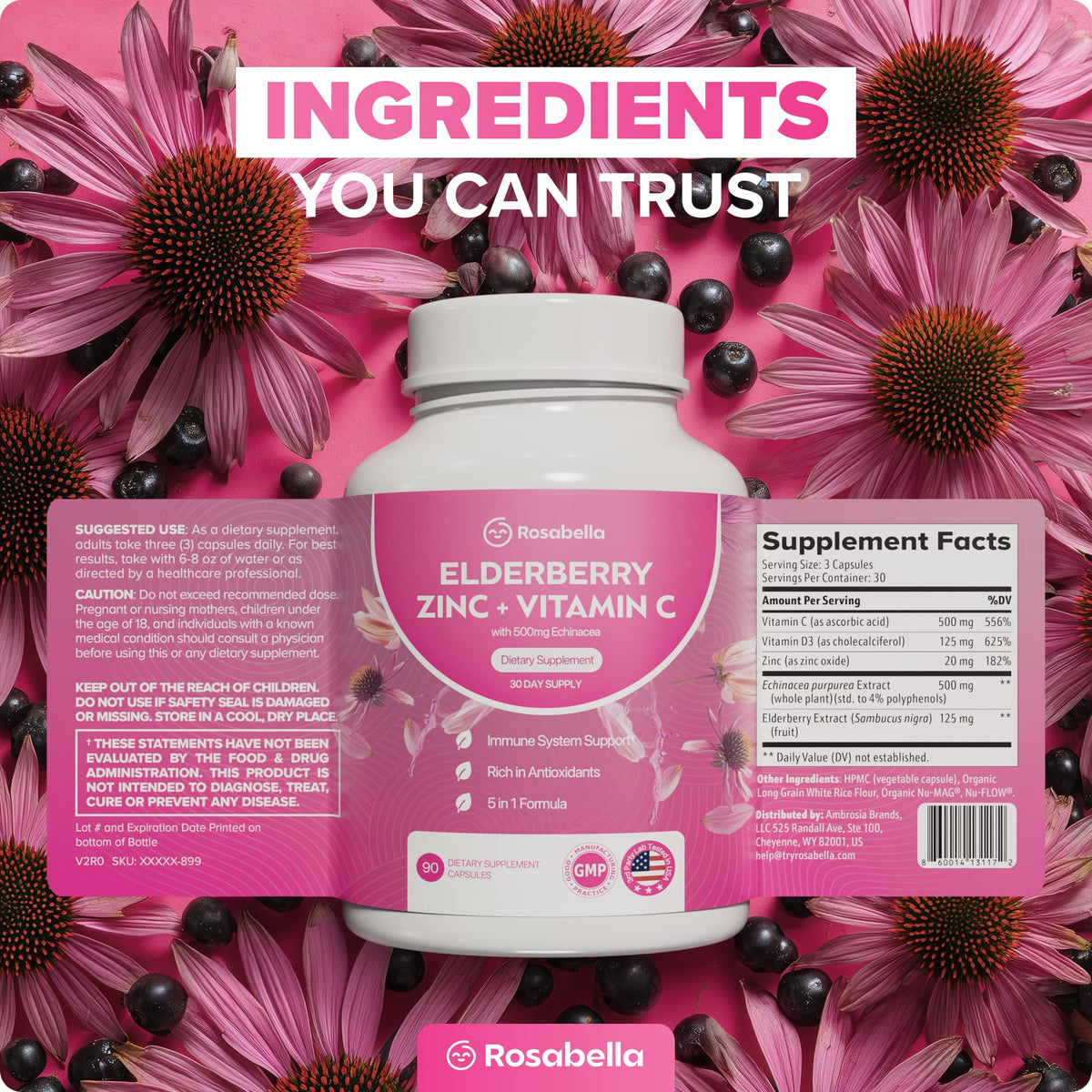 Rosabella Elderberry, Zinc & Vitamin D3 Capsules with other supplements