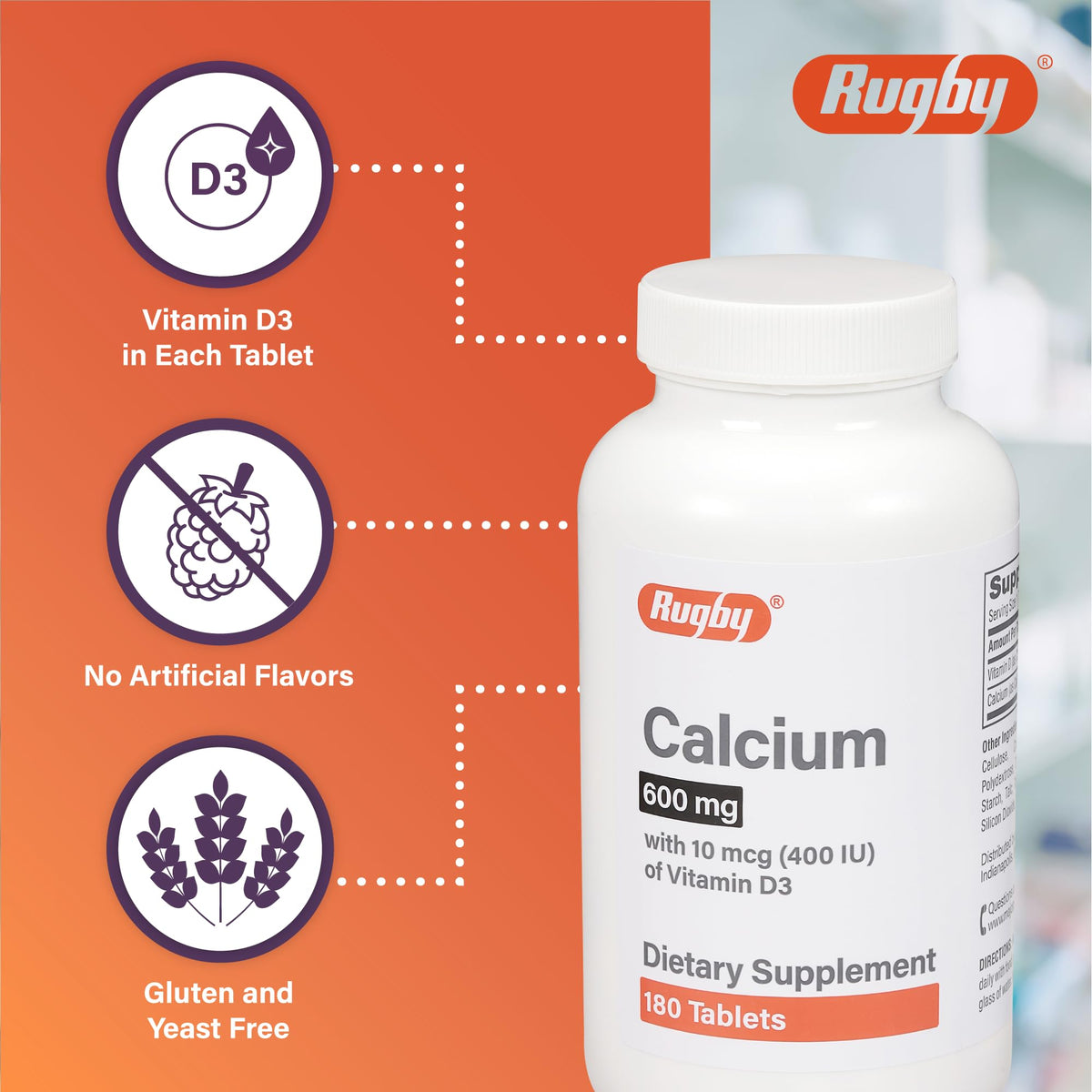 RUGBY LABORATORIES Calcium Tablets 600mg back view with ingredients