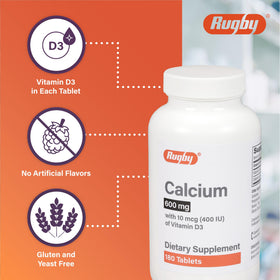 RUGBY LABORATORIES Calcium Tablets 600mg back view with ingredients
