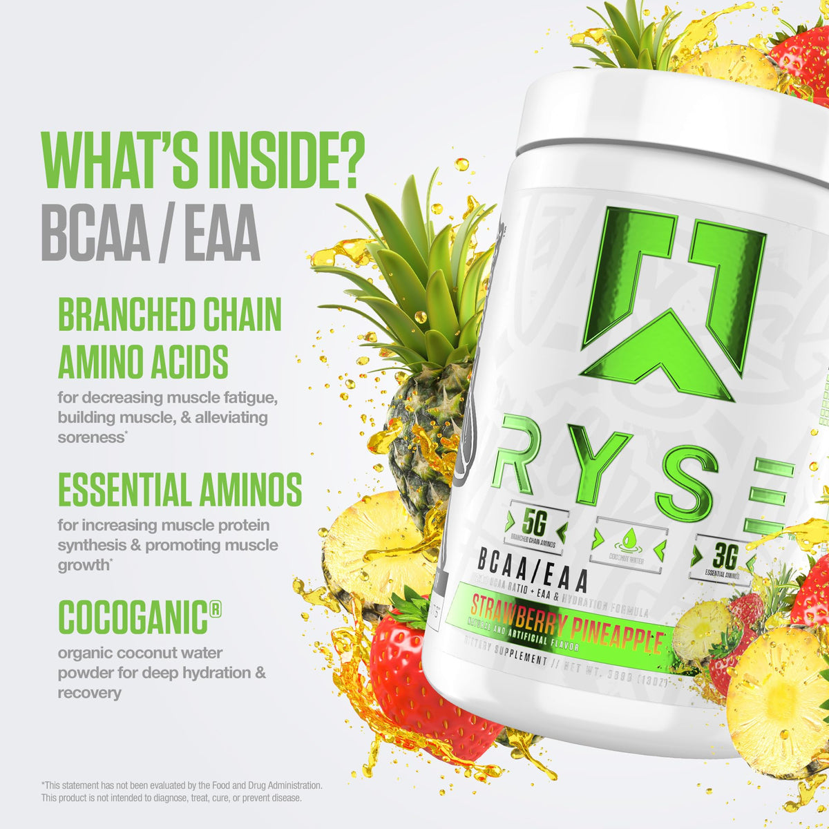 RYSE Up Supplements BCAA EAA Powder Strawberry Pineapple mixed in a glass