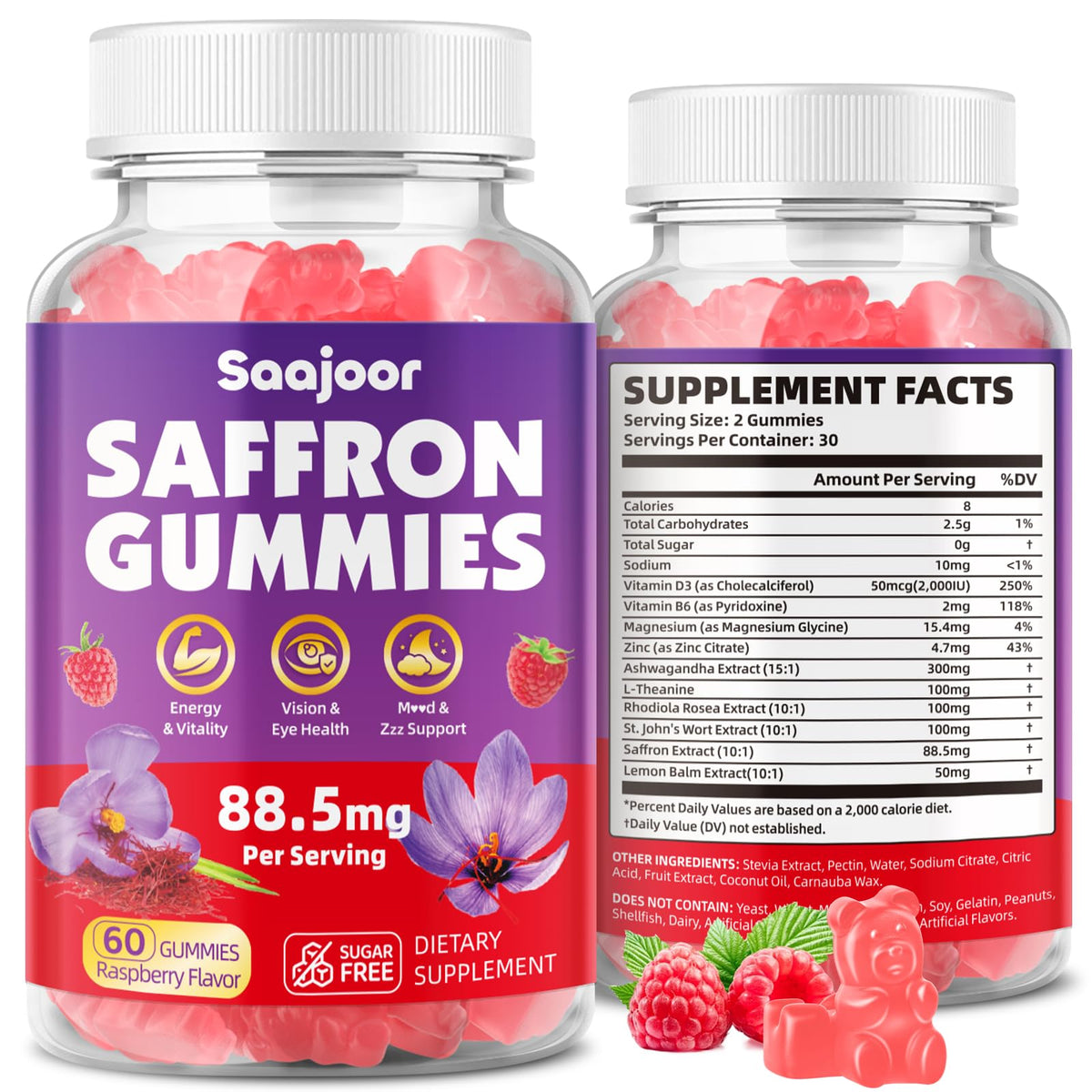 Saajoor Saffron Gummies bottle front view with 60 gummies